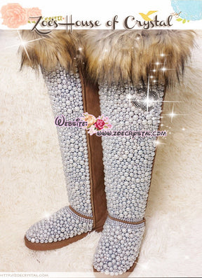 PROMOTION WINTER Knee Hight Bling and Sparkly Brown Fur SheepSkin Wool BOOTS w elegant Pearls and Cs