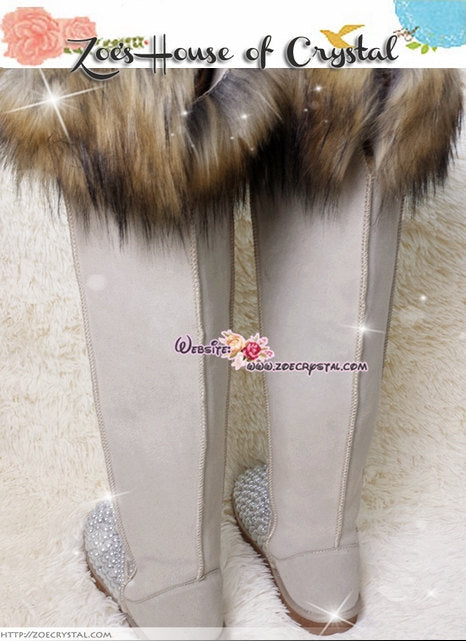 PROMOTION WINTER Knee Hight Bling and Sparkly Sand / Tan Fur SheepSkin Wool BOOTS w elegant Pearls and Cs