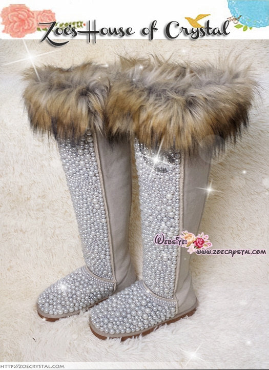 PROMOTION WINTER Knee Hight Bling and Sparkly Sand / Tan Fur SheepSkin Wool BOOTS w elegant Pearls and Cs