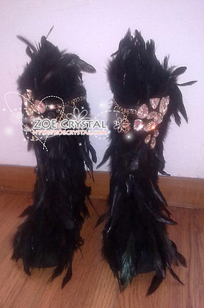 WINTER Bling and Stylish Black Feather SheepSkin Wool BOOTS w shinning Czech or Swarovski Crystals