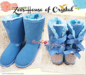 NEW STYLE -  Bling and Sparkly Blue SheepSkin Wool BOOTS w shinning Czech or Swarovski Crystals
