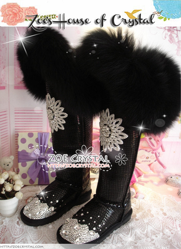 PROMOTION WINTER Queen Style Knee High Bling and Sparkly Black Fur SheepSkin Wool BOOTS