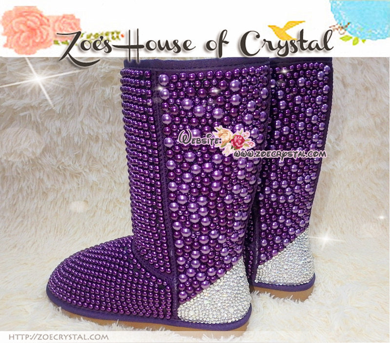 PROMOTION WINTER Bling and Sparkly Tall Purple Pearls SheepSkin Wool BOOTS w shinning Czech or Swarovski crystals