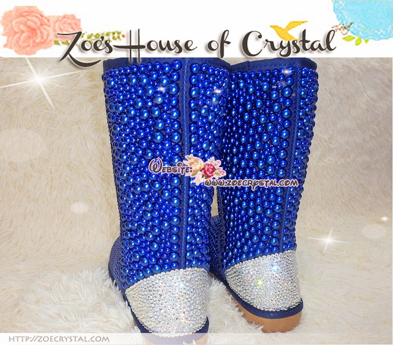 PROMOTION WINTER Bling and Sparkly Tall Blue Pearls SheepSkin Wool BOOTS w shinning Czech or Swarovski crystals