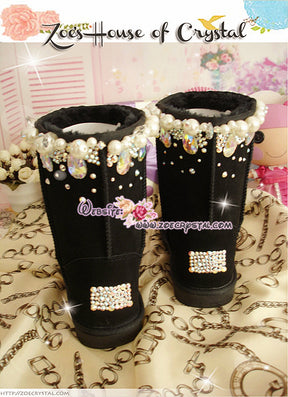 PROMOTION WINTER Black Sheepskin Wool Boots with shinning and stylish CRYSTALS - Falling Stars