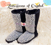 PROMOTION WINTER Bling and Sparkly Black Tall SheepSkin Wool BOOTS w Creamy white pearls