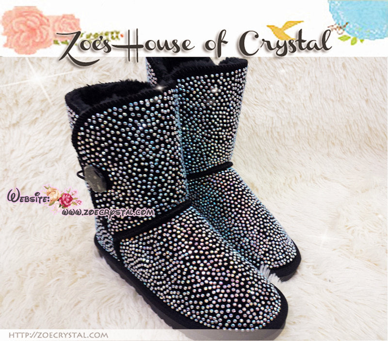 PROMOTION WINTER Bling and Sparkly Strass Black Bailey SheepSkin Wool BOOTS w shinning Crystals