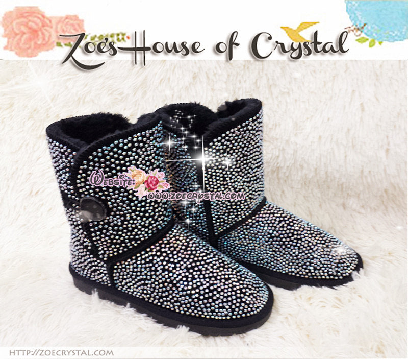 PROMOTION WINTER Bling and Sparkly Strass Black Bailey SheepSkin Wool BOOTS w shinning Crystals