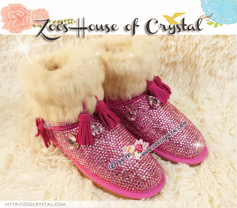 PROMOTION WINTER Bling and Sparkly Pink Cuff SheepSkin Stras Wool BOOTS w shinning Czech or Swarovski Crystals