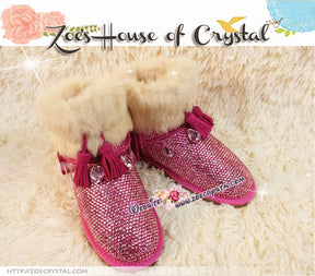 PROMOTION WINTER Bling and Sparkly Pink Cuff SheepSkin Stras Wool BOOTS w shinning Czech or Swarovski Crystals