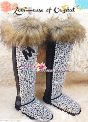 PICK YOUR INITIAL Knee High Bling and Sparkly Brown Fur Black SheepSkin Wool Boots w elegant Pearls and Your Favorite Initial