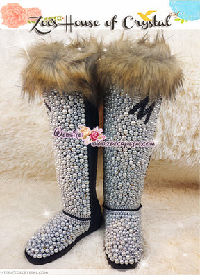 PICK YOUR INITIAL Knee High Bling and Sparkly Brown Fur Black SheepSkin Wool Boots w elegant Pearls and Your Favorite Initial