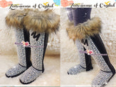 PICK YOUR INITIAL Knee High Bling and Sparkly Brown Fur Black SheepSkin Wool Boots w elegant Pearls and Your Favorite Initial