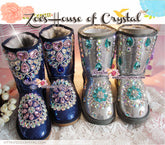 PROMOTION WINTER Blue / Silver Metallic Surface Sheepskin Fleech/Wool Boots with shinning and stylish CRYSTALS