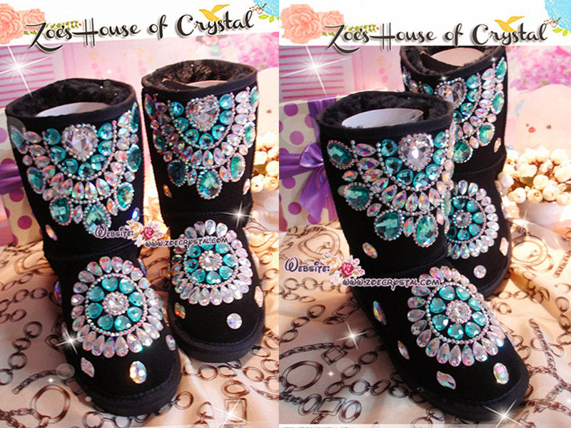 PROMOTION WINTER Black Sheepskin Fleech/Wool Boots with shinning and stylish CRYSTALS - New Flower Style