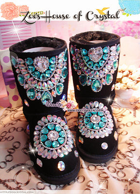 PROMOTION WINTER Black Sheepskin Fleech/Wool Boots with shinning and stylish CRYSTALS - New Flower Style