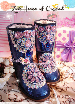 PROMOTION WINTER Blue / Silver Metallic Surface Sheepskin Fleech/Wool Boots with shinning and stylish CRYSTALS