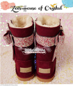 New Year Sales 30% off -  Bling and Sparkly Wine Red Winter BOOTS w Blinged BOWS