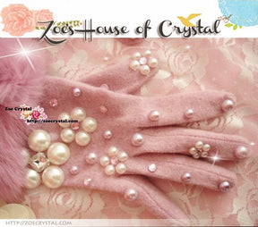 WINTER Sales- Pink Wool GLOVES with Big Elegant Pearls