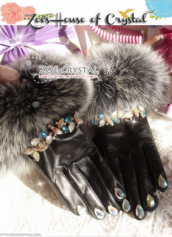 WINTER Sales- Black Leather Fur GLOVES with Elegant Rhinestones and Crystals