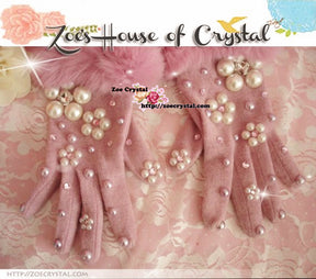 WINTER Sales- Pink Wool GLOVES with Big Elegant Pearls