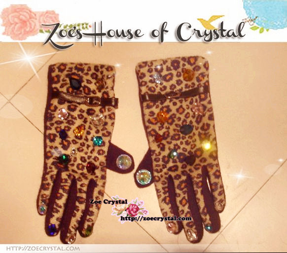 WINTER Sales- Leopard Print  Wool GLOVES with Colorful Crystals