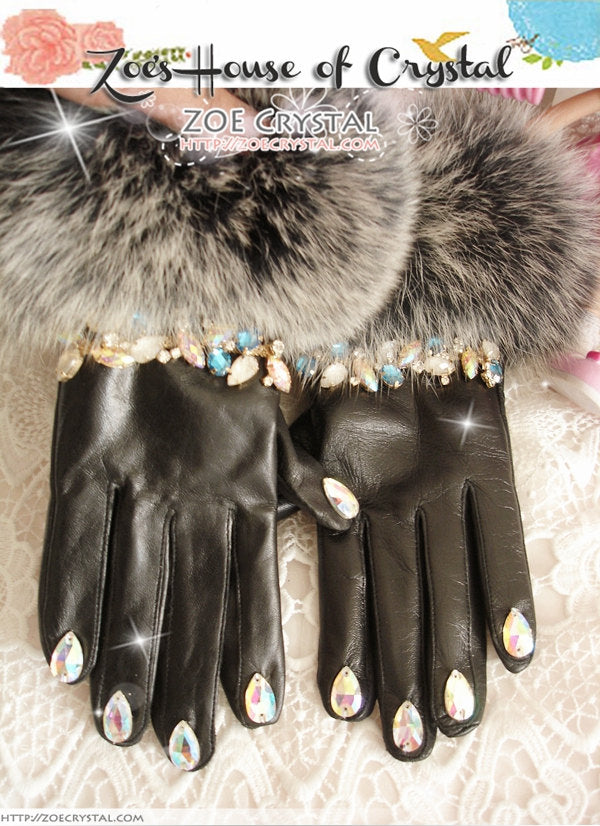 WINTER Sales- Black Leather Fur GLOVES with Elegant Rhinestones and Crystals