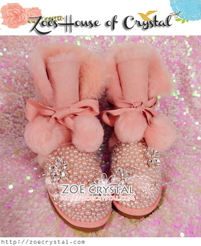 Winter Sales-  Bling and Sparkly Fur Balls Pink Winter Wool BOOTS with Creamy white Pearls in Elegant Style-