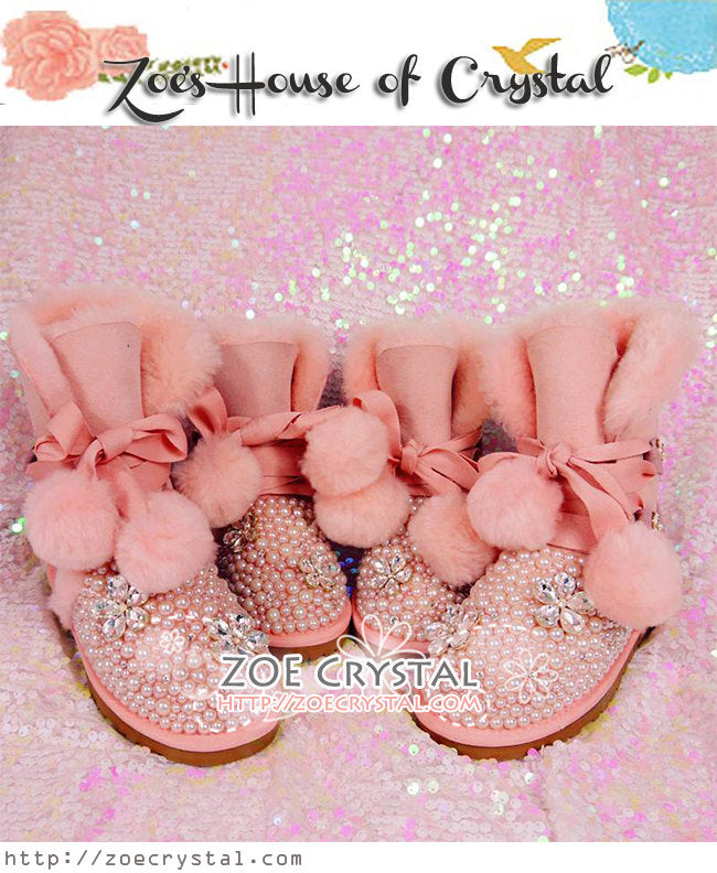 Winter Sales-  Bling and Sparkly Fur Balls Pink Winter Wool BOOTS with Creamy white Pearls in Elegant Style-
