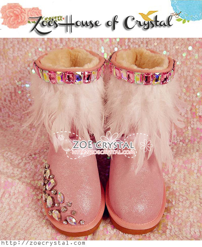 PROMOTION WINTER Pink Metallic Wool Boots with shinning and stylish Rhinestones and White Feathers