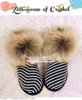 PROMOTION WINTER Fur Cuff Boots with Zebra Print made with Rhinestones and Pearls