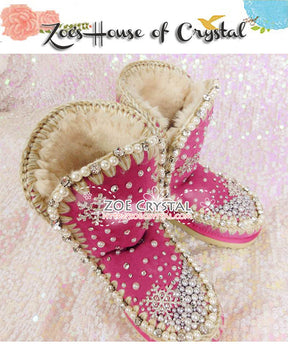PROMOTION VINTAGE Fuschia Winter Wool BOOTS with Sparkly Crystals and Pearls - Snow Flake Style