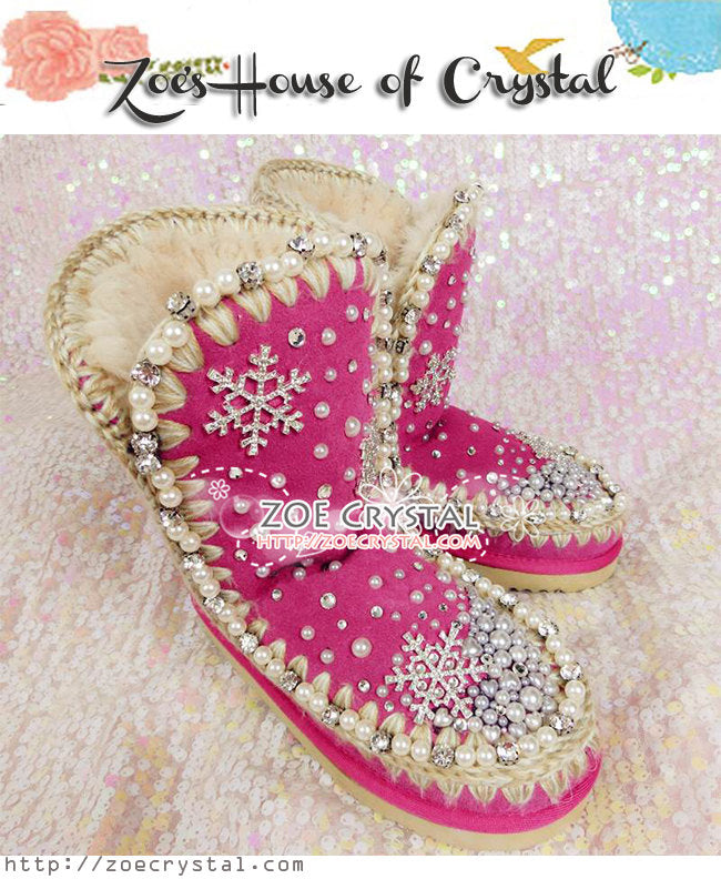 PROMOTION VINTAGE Fuschia Winter Wool BOOTS with Sparkly Crystals and Pearls - Snow Flake Style