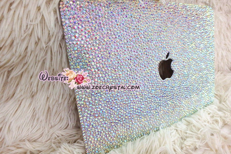 MACBOOK Air Pro Case / Cover in Aurora Borealis White Crystal Rhinestone Random Bejeweled Sparkly Shinny Glitter