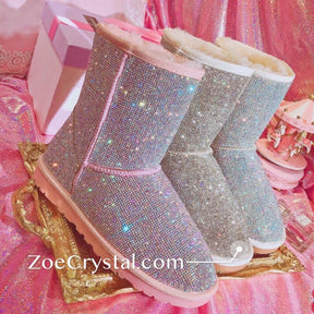 Super Bling and Sparkly Middle High SheepSkin Wool BOOTS w shinning Czech crystals