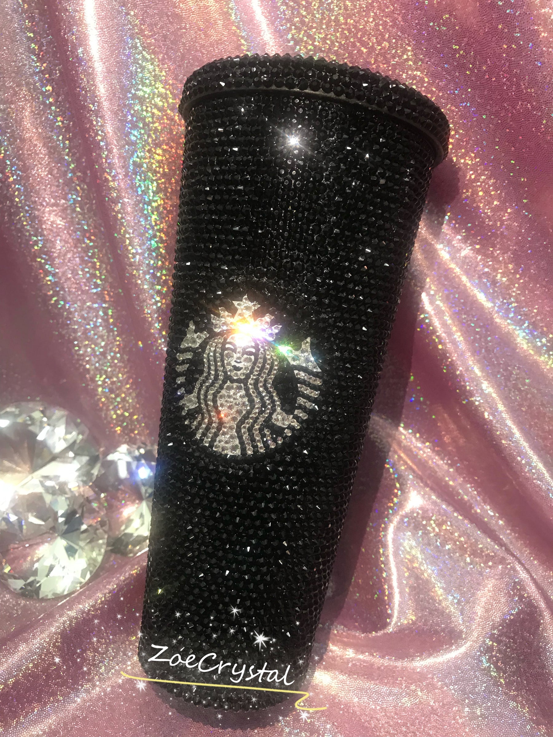 JET BLACK Bling STARBUCKS Coffee Cold Cup Tumbler Bedazzled Shinny Sparkly Glittery Swarovski Crystal Rhinestone Shane Dawson Trisha Paytas